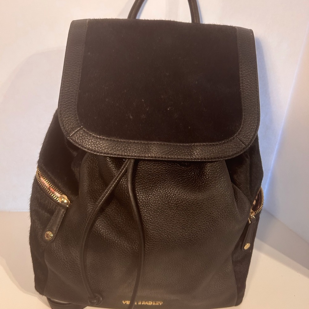 Vera Bradley Amy Backpack black leather with black calf, Drawstring closure